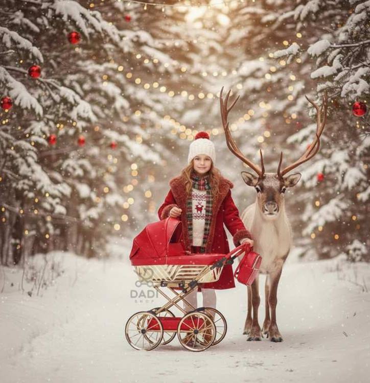 Wózek dla lalki Sojan Royal czerwono-złoty, dziewczynka, zabawa w plenerze zimowym